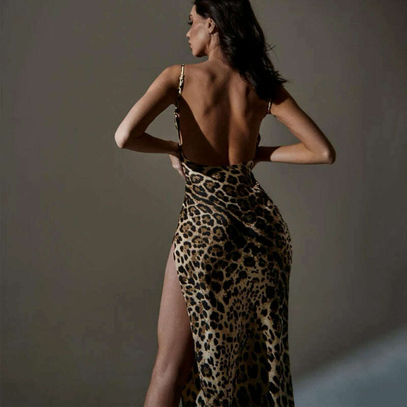 KIMLUD, Hugcitar Leopard Print Swing Collar Sleeveless Sexy Maxi Slit Prom Dress Women Fashion Streetwear 2022 Party Holiday Outfits, KIMLUD Womens Clothes