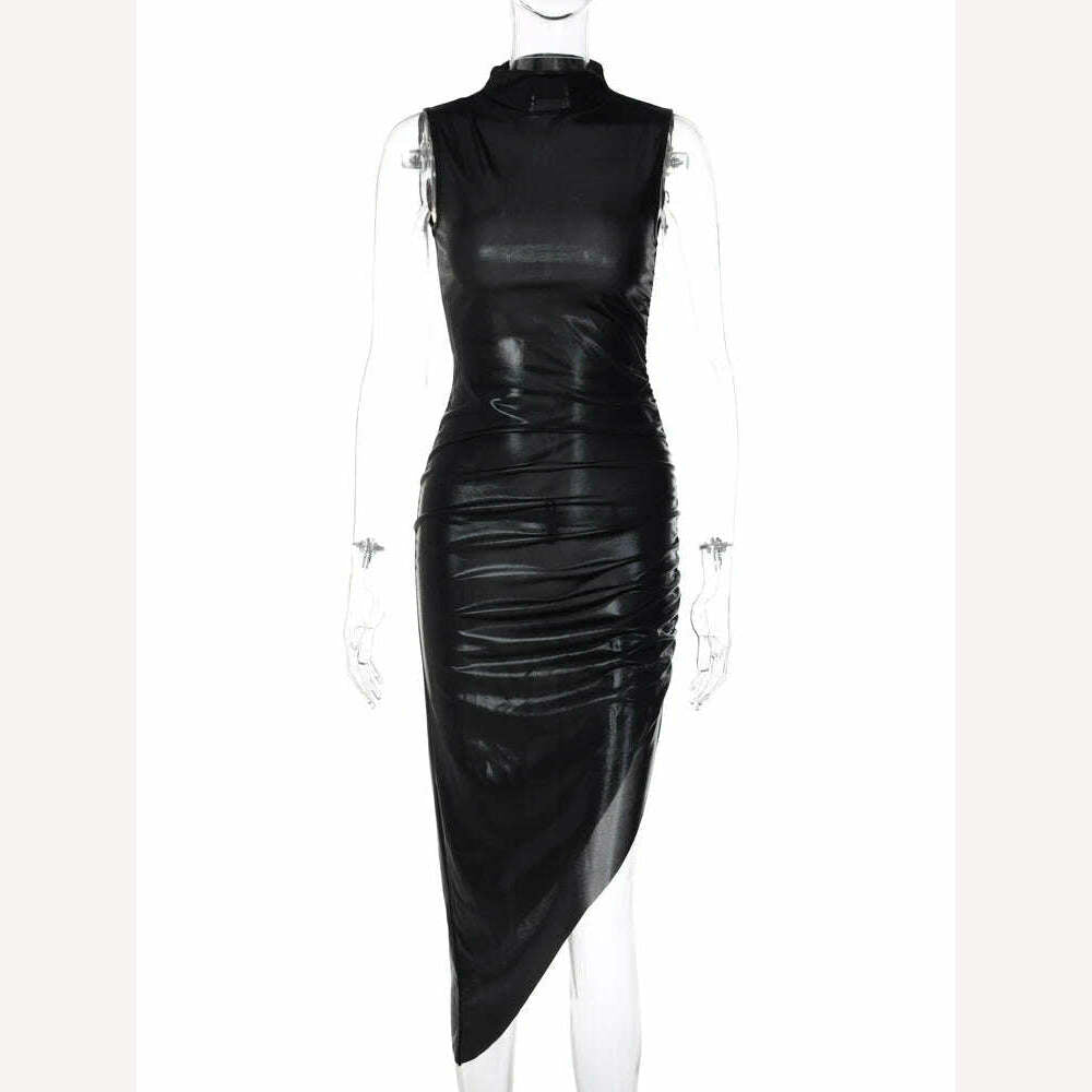 KIMLUD, Hugcitar Pu Leather Turtleneck Sleeveless Draped Slit Sexy Slim Midi Prom Dress Summer Women Elegant Birthday Party Outfit, KIMLUD Womens Clothes