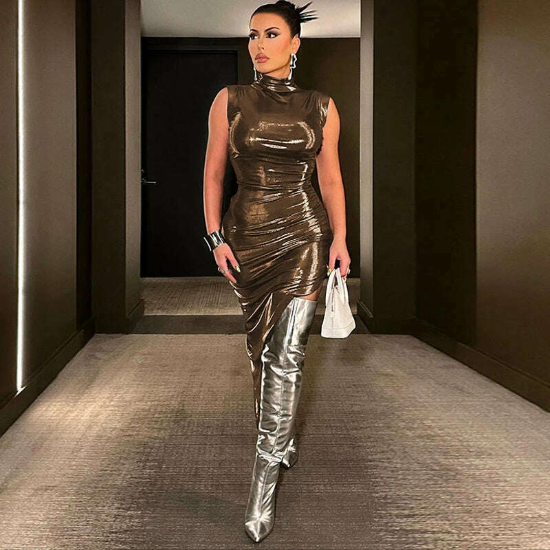 KIMLUD, Hugcitar Pu Leather Turtleneck Sleeveless Draped Slit Sexy Slim Midi Prom Dress Summer Women Elegant Birthday Party Outfit, KIMLUD Womens Clothes