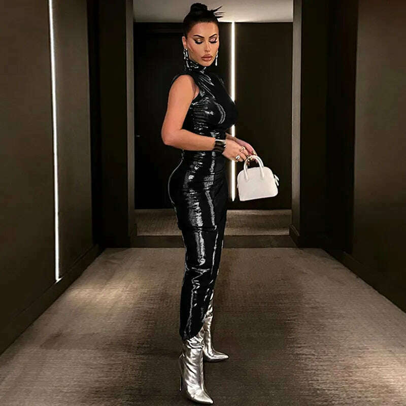 KIMLUD, Hugcitar Pu Leather Turtleneck Sleeveless Draped Slit Sexy Slim Midi Prom Dress Summer Women Elegant Birthday Party Outfit, KIMLUD Womens Clothes