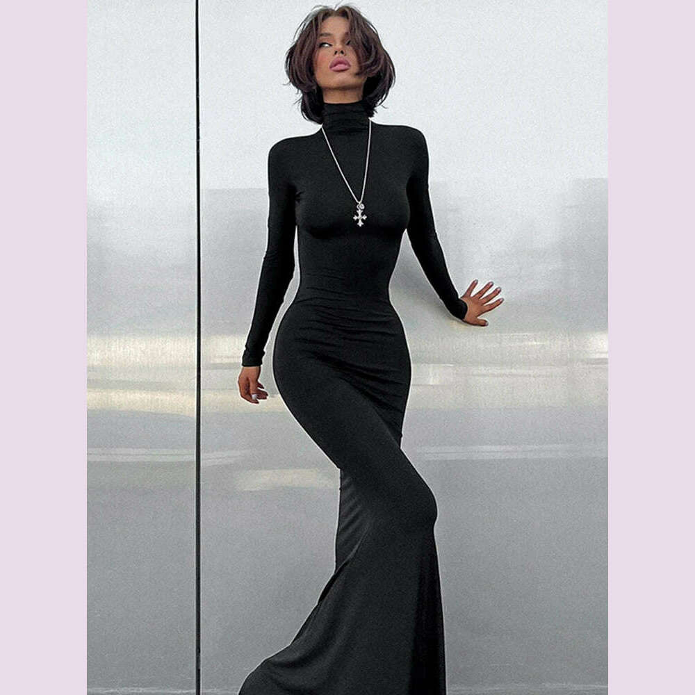 KIMLUD, Huhugirl Elegant Dresses For Women Fashion Sexy Solid Turtleneck Full Sleeves Sheath Long Vestidos Robes Female Party Regular, KIMLUD Womens Clothes
