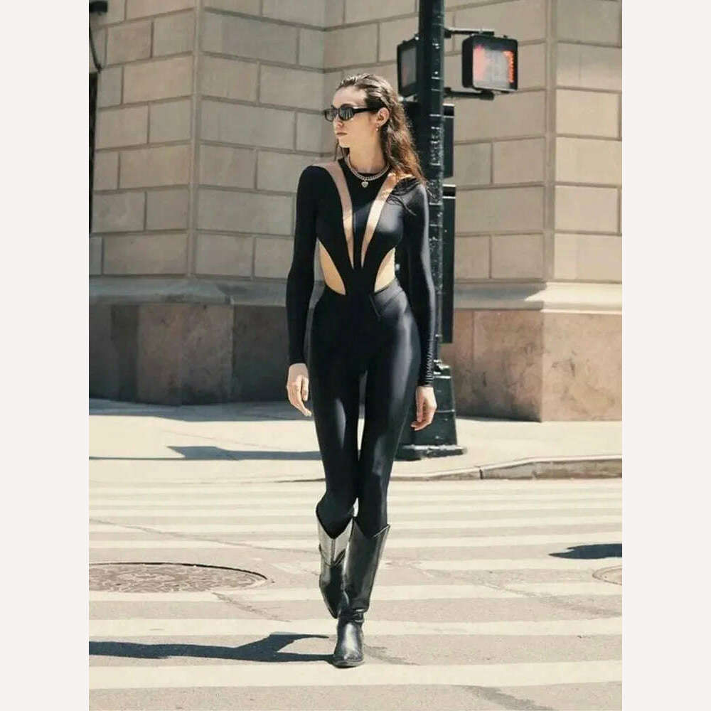 Huhugirl Sexy Mesh Patchwork Rompers Women Jumpsuits Fashion O Neck Long Sleeve Skinny Black Jumpsuits Female One Piece Overalls - KIMLUD