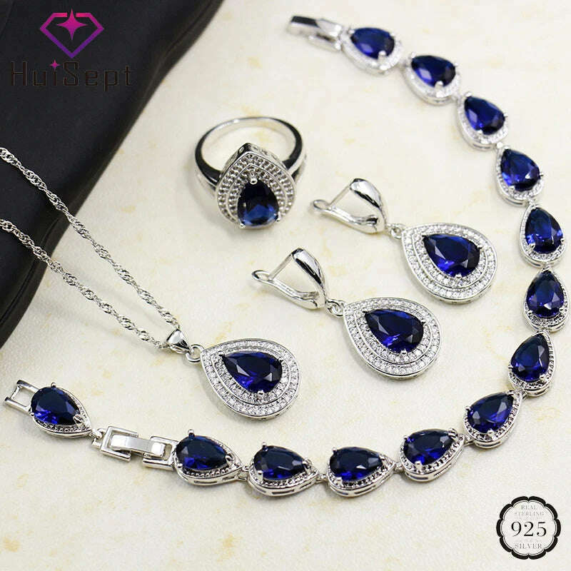 KIMLUD, HuiSept Rings Earrings Necklace Bracelet 925 Silver Jewelry Set for Women Wedding Party Water Drop Shape Sapphire Gemstone Gift, KIMLUD Women's Clothes