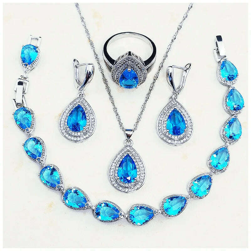 KIMLUD, HuiSept Rings Earrings Necklace Bracelet 925 Silver Jewelry Set for Women Wedding Party Water Drop Shape Sapphire Gemstone Gift, sea blue / 6, KIMLUD Womens Clothes