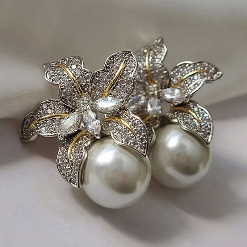 KIMLUD, Huitan Gorgeous Flower Imitation Pearl Earrings Women Luxury Inlaid Sparkling CZ Stone Fashion Wedding Jewelry Wholesale Lots, E2165, KIMLUD Womens Clothes