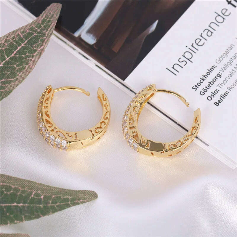 KIMLUD, Huitan Hollow Gold Color Hoop Earrings for Women Paved Dazzling CZ Stone Luxury Trendy Female Circle Earrings Statement Jewelry, KIMLUD Womens Clothes