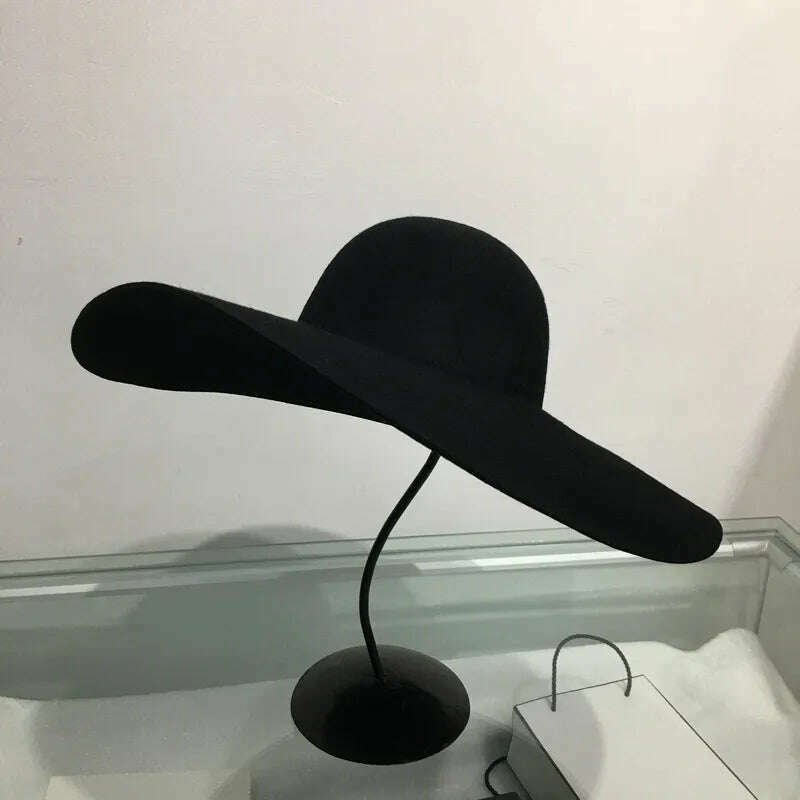 KIMLUD, hukaili New Retro Style Warm Wide Brim Wool Fedora Big Hat Black Felt Hat Floppy Winter Hat for Women Party Church Wedding Hat, Black / M 57cm, KIMLUD APPAREL - Womens Clothes