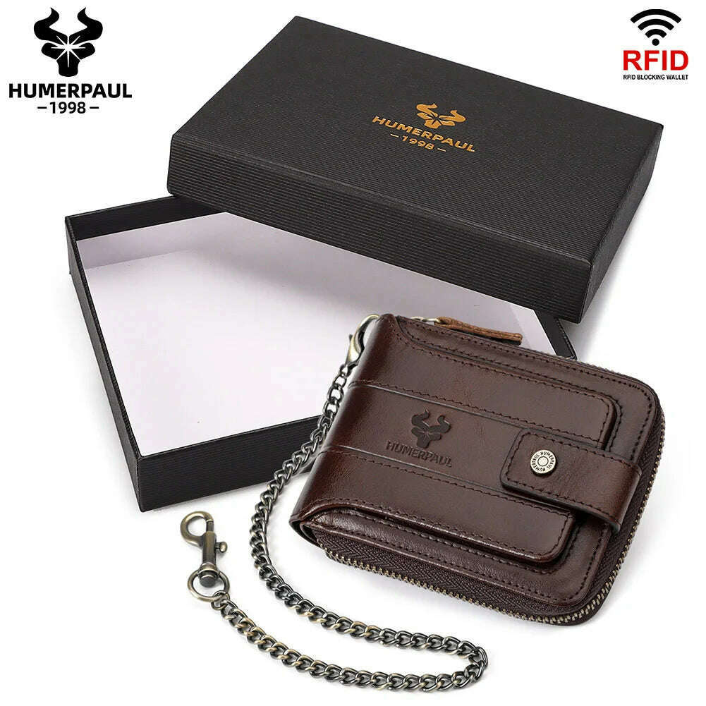 KIMLUD, HUMERPAUL Genuine Leather Men's Wallet RFID Male Credit Card Holder with ID Window Multifunction Storage Bag Zipper Coin Purse, coffee box, KIMLUD Womens Clothes