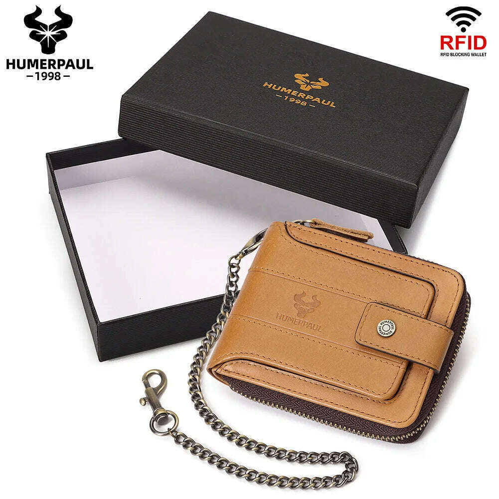 KIMLUD, HUMERPAUL Genuine Leather Men's Wallet RFID Male Credit Card Holder with ID Window Multifunction Storage Bag Zipper Coin Purse, brown box, KIMLUD Womens Clothes