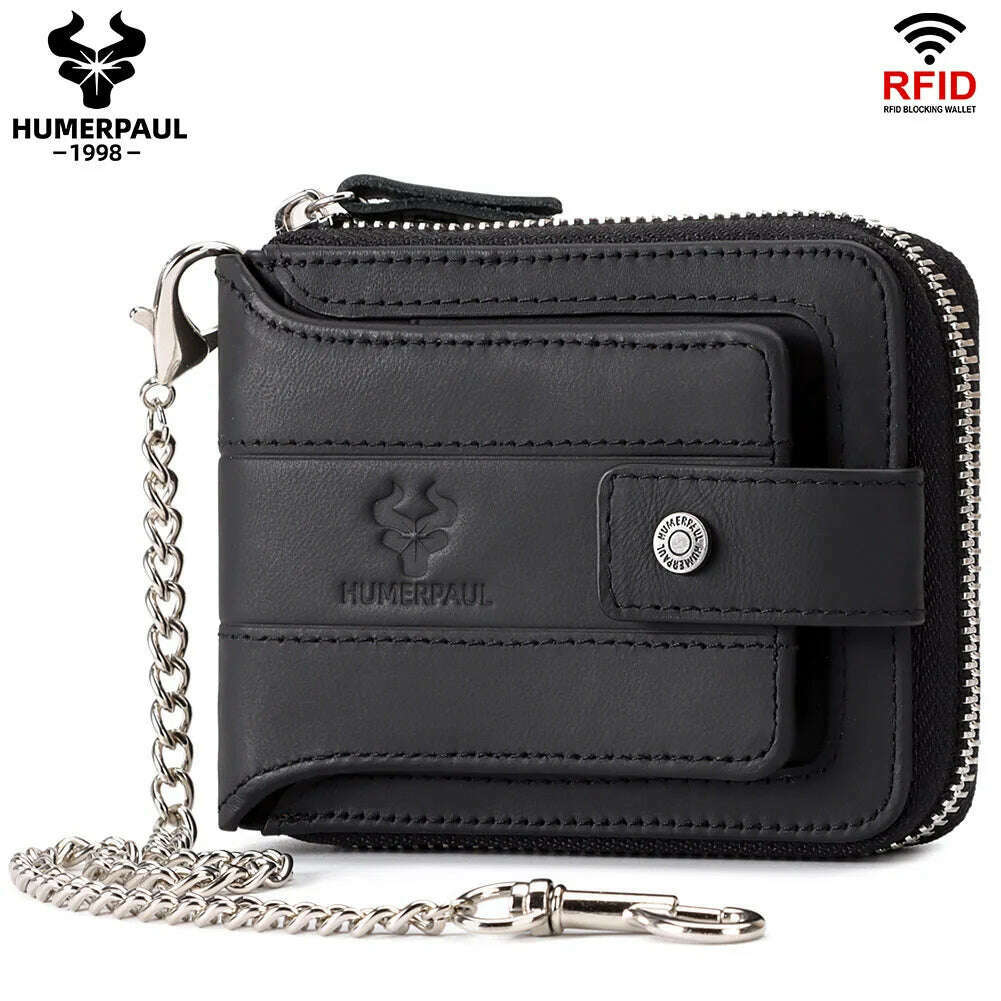 KIMLUD, HUMERPAUL Genuine Leather Men's Wallet RFID Male Credit Card Holder with ID Window Multifunction Storage Bag Zipper Coin Purse, black, KIMLUD Womens Clothes