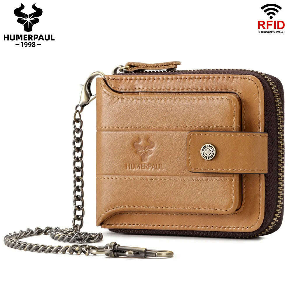 KIMLUD, HUMERPAUL Genuine Leather Men's Wallet RFID Male Credit Card Holder with ID Window Multifunction Storage Bag Zipper Coin Purse, brown, KIMLUD Womens Clothes