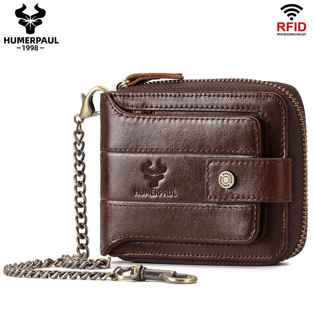 KIMLUD, HUMERPAUL Genuine Leather Men's Wallet RFID Male Credit Card Holder with ID Window Multifunction Storage Bag Zipper Coin Purse, coffee, KIMLUD Womens Clothes