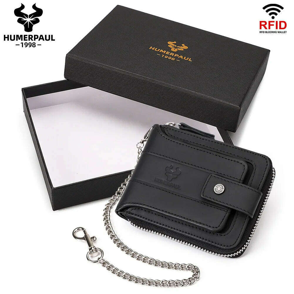 KIMLUD, HUMERPAUL Genuine Leather Men's Wallet RFID Male Credit Card Holder with ID Window Multifunction Storage Bag Zipper Coin Purse, black box, KIMLUD Womens Clothes