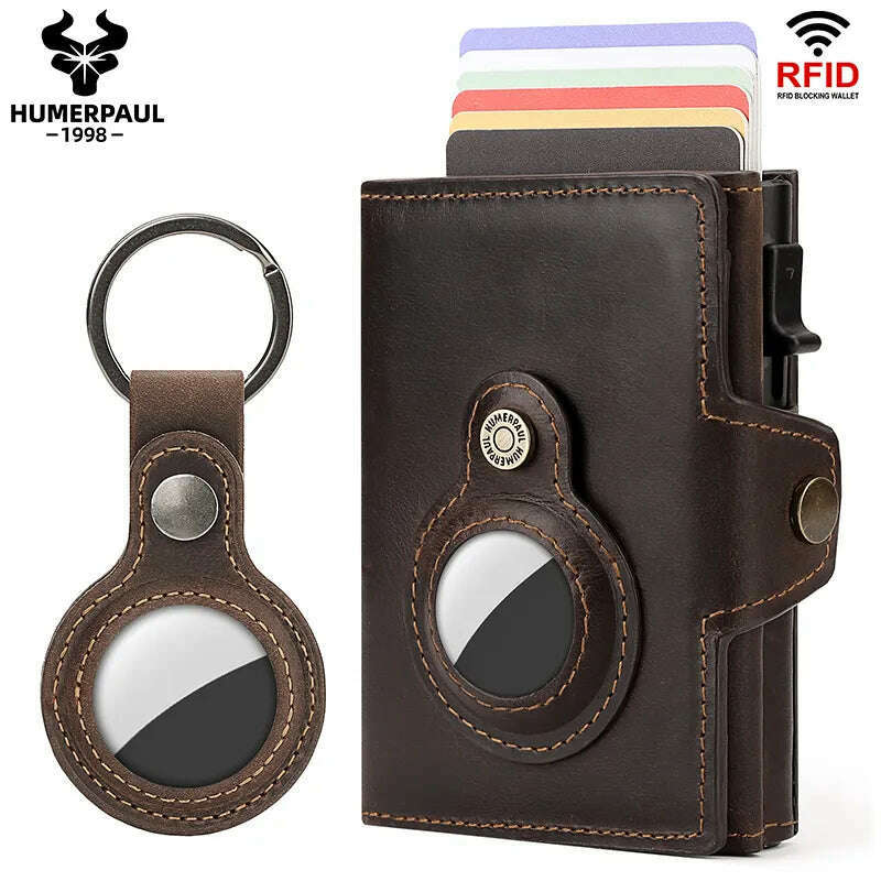 HUMERPAUL Wallet for Apple Airtage RFID Blocking Card Holder Business Aluminum Pop Up Slide Cardholder Case with Zip Coin Purse - KIMLUD