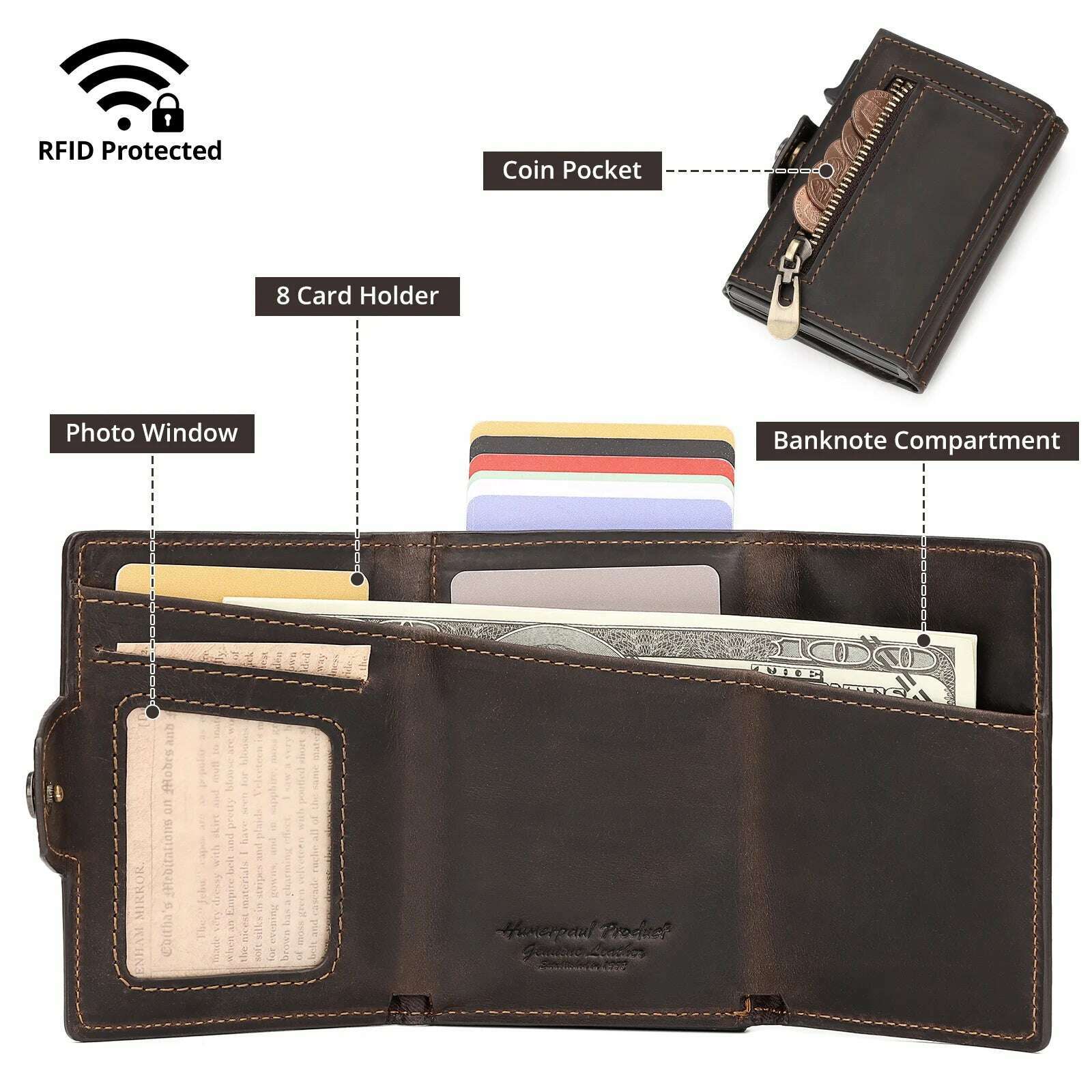 HUMERPAUL Wallet for Apple Airtage RFID Blocking Card Holder Business Aluminum Pop Up Slide Cardholder Case with Zip Coin Purse - KIMLUD