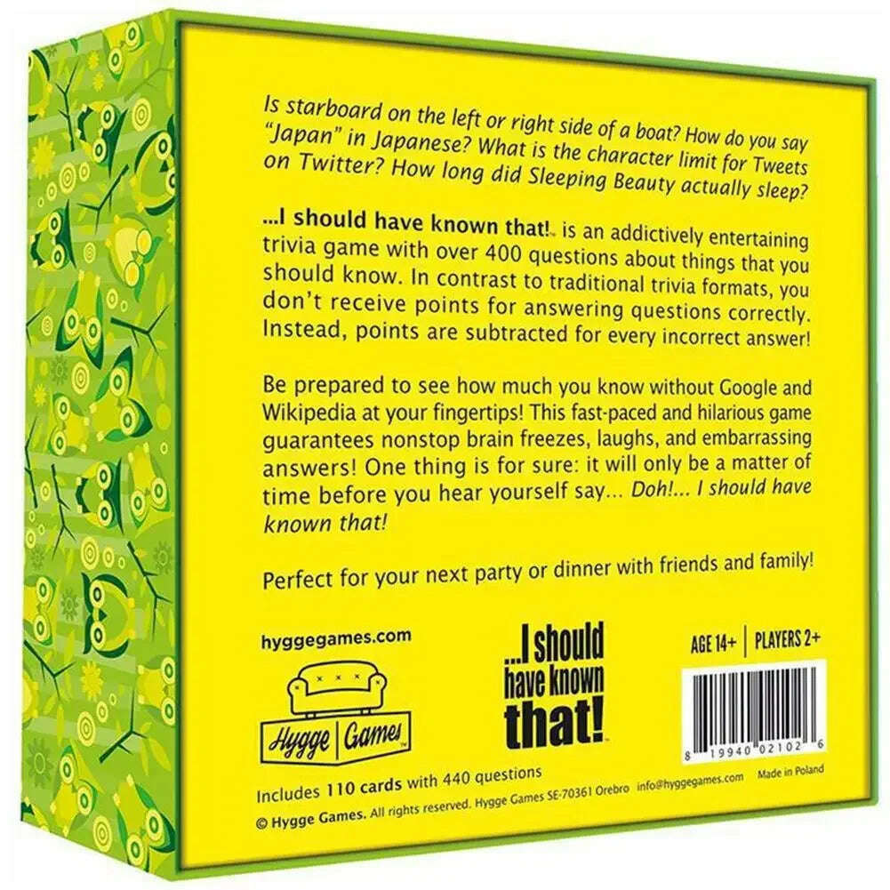 KIMLUD, I Should Have Known That! Trivia Game Green Board Game 110 Cards With 400 Questions About Things That You Should Know Card Game, KIMLUD Womens Clothes