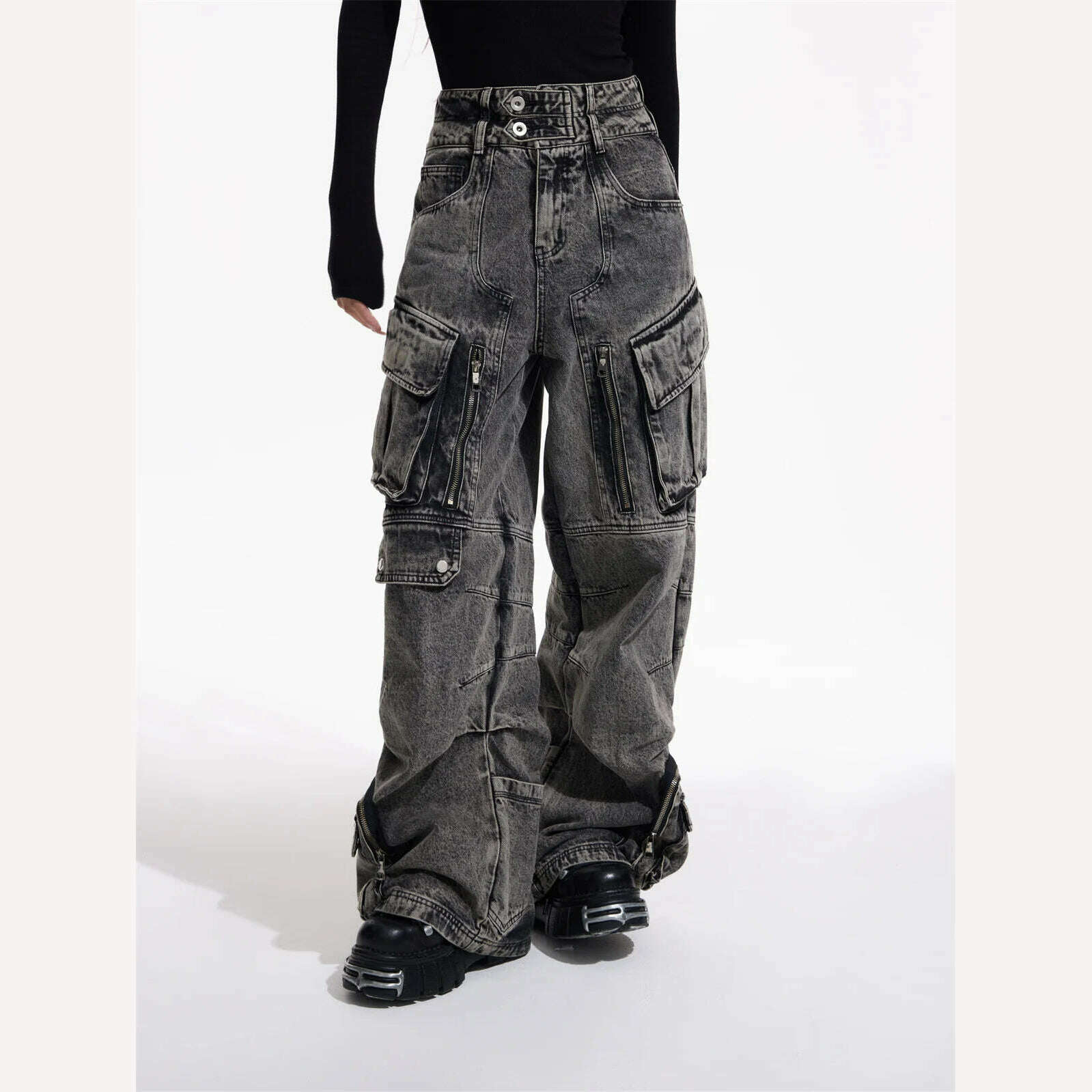KIMLUD, IEFB Niche Design Vintage Men's Overalls Multi-pocket Jeans Zipper High Waist Solid Color Personalized Male Denim Pants 9A7703, Denim Grey / M, KIMLUD APPAREL - Womens Clothes