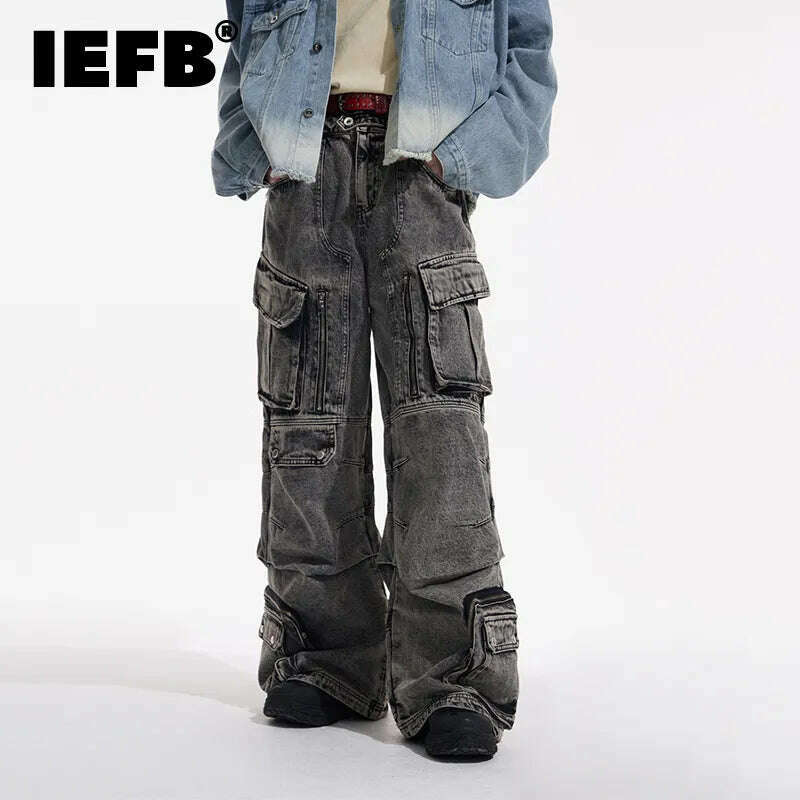 KIMLUD, IEFB Niche Design Vintage Men's Overalls Multi-pocket Jeans Zipper High Waist Solid Color Personalized Male Denim Pants 9A7703, KIMLUD Womens Clothes