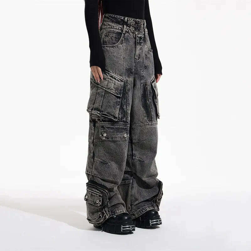 KIMLUD, IEFB Niche Design Vintage Men's Overalls Multi-pocket Jeans Zipper High Waist Solid Color Personalized Male Denim Pants 9A7703, KIMLUD Womens Clothes