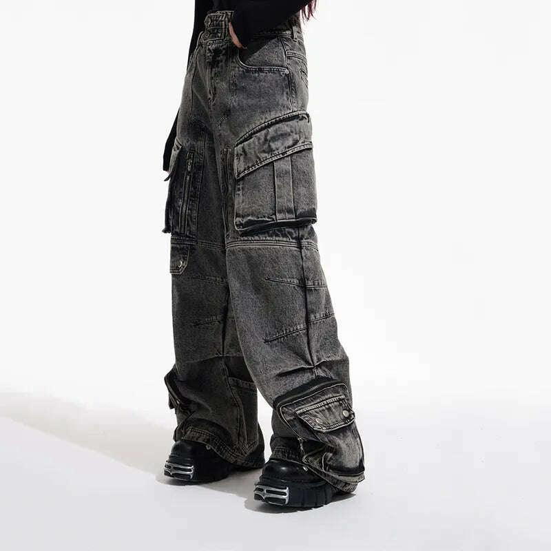 KIMLUD, IEFB Niche Design Vintage Men's Overalls Multi-pocket Jeans Zipper High Waist Solid Color Personalized Male Denim Pants 9A7703, KIMLUD Womens Clothes