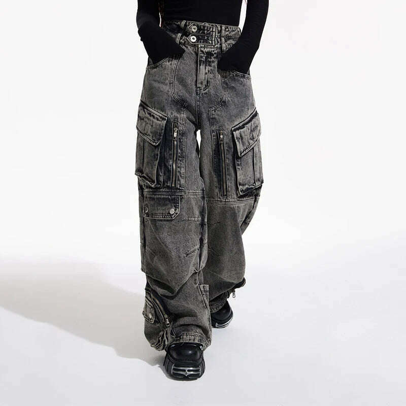 KIMLUD, IEFB Niche Design Vintage Men's Overalls Multi-pocket Jeans Zipper High Waist Solid Color Personalized Male Denim Pants 9A7703, KIMLUD Womens Clothes