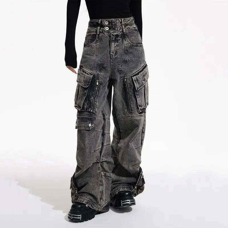 KIMLUD, IEFB Niche Design Vintage Men's Overalls Multi-pocket Jeans Zipper High Waist Solid Color Personalized Male Denim Pants 9A7703, KIMLUD Womens Clothes