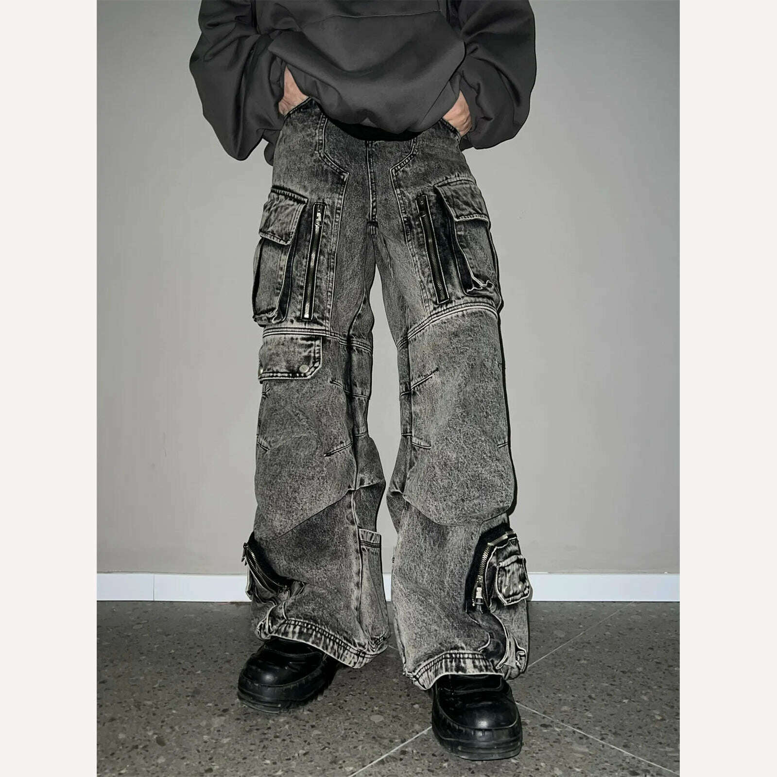 KIMLUD, IEFB Niche Design Vintage Men's Overalls Multi-pocket Jeans Zipper High Waist Solid Color Personalized Male Denim Pants 9A7703, KIMLUD Womens Clothes