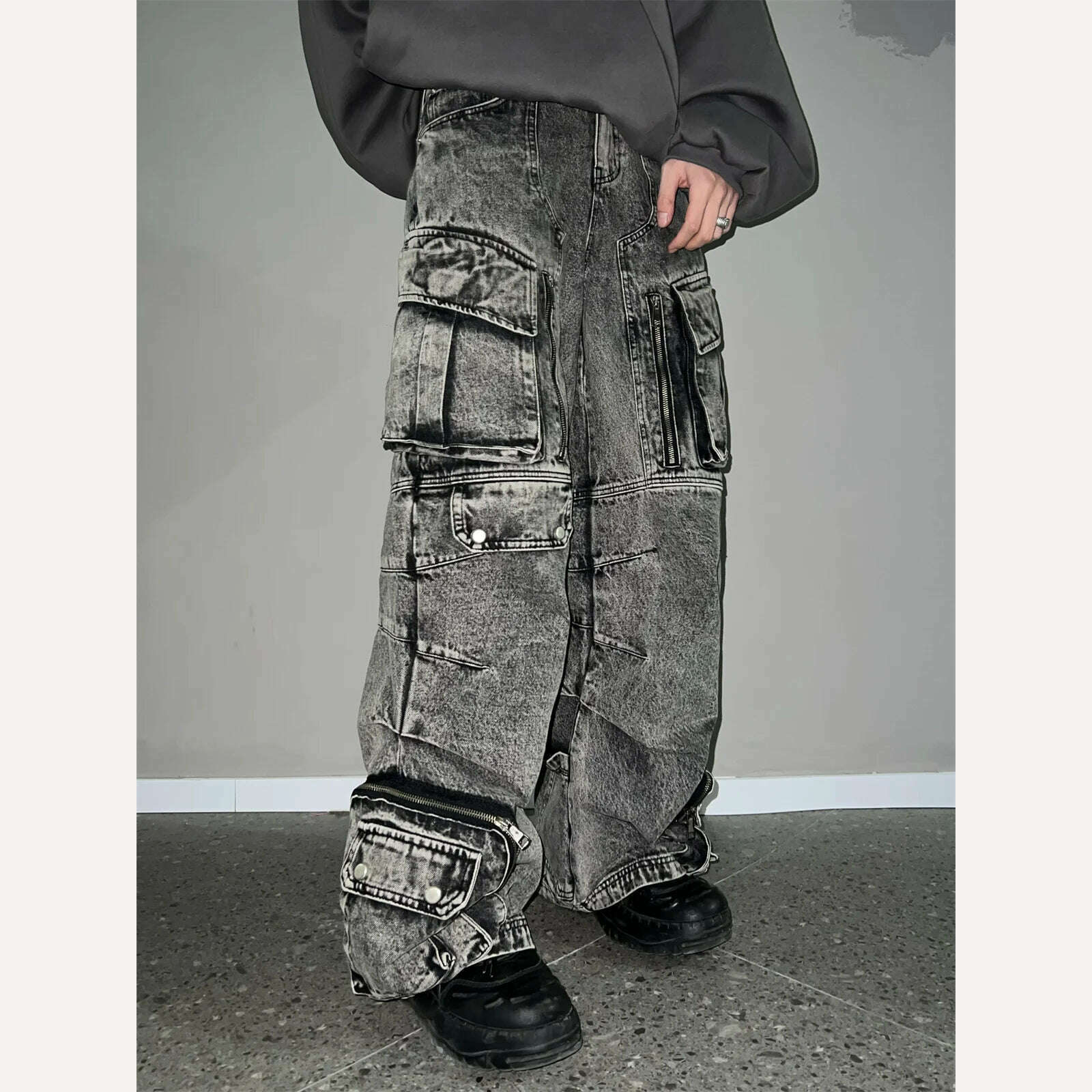 KIMLUD, IEFB Niche Design Vintage Men's Overalls Multi-pocket Jeans Zipper High Waist Solid Color Personalized Male Denim Pants 9A7703, KIMLUD Womens Clothes