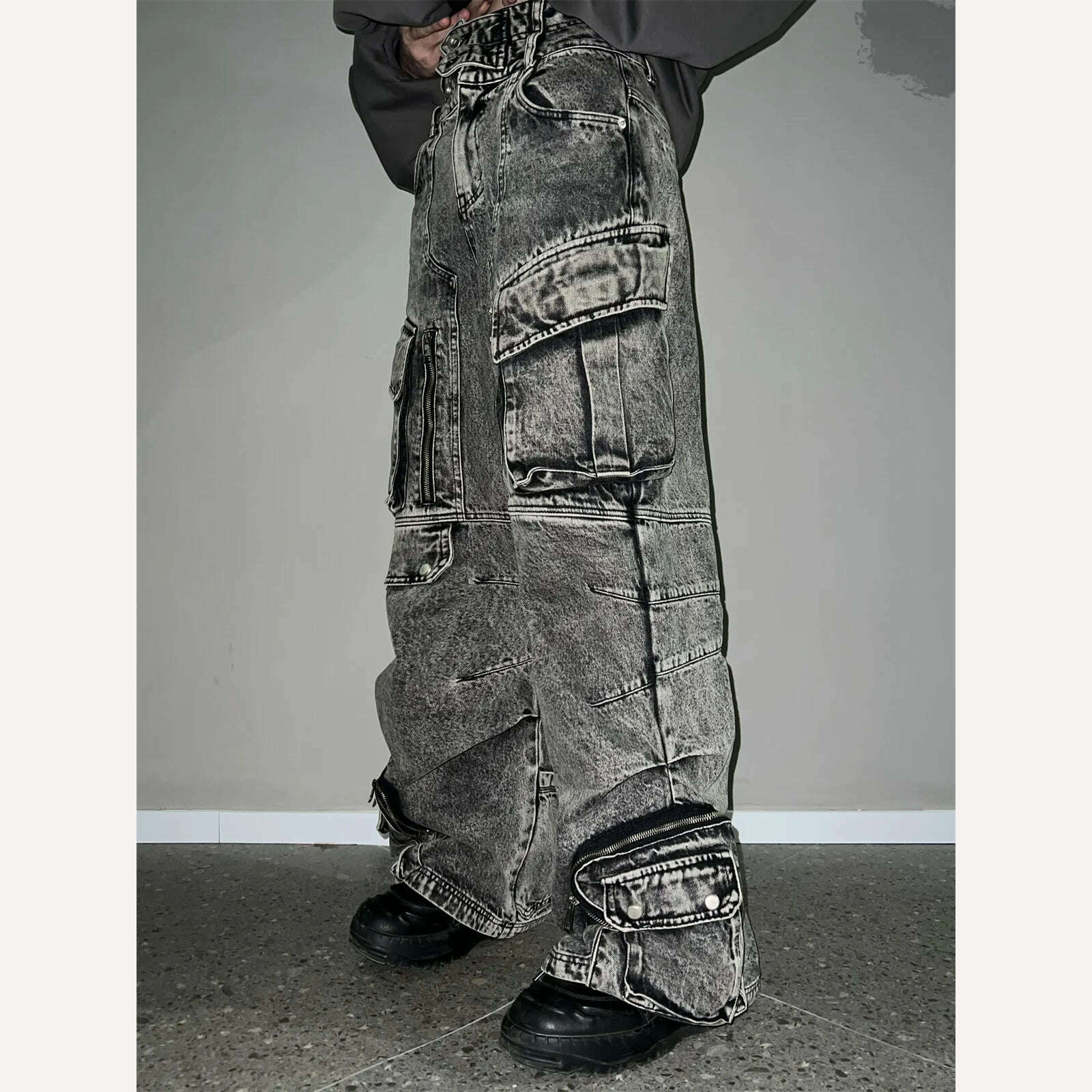 KIMLUD, IEFB Niche Design Vintage Men's Overalls Multi-pocket Jeans Zipper High Waist Solid Color Personalized Male Denim Pants 9A7703, KIMLUD Womens Clothes