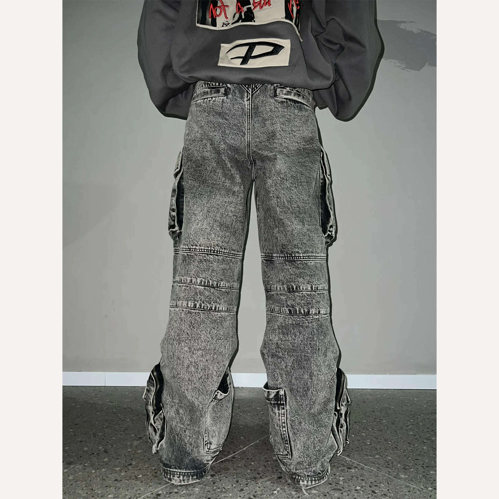 KIMLUD, IEFB Niche Design Vintage Men's Overalls Multi-pocket Jeans Zipper High Waist Solid Color Personalized Male Denim Pants 9A7703, KIMLUD Womens Clothes