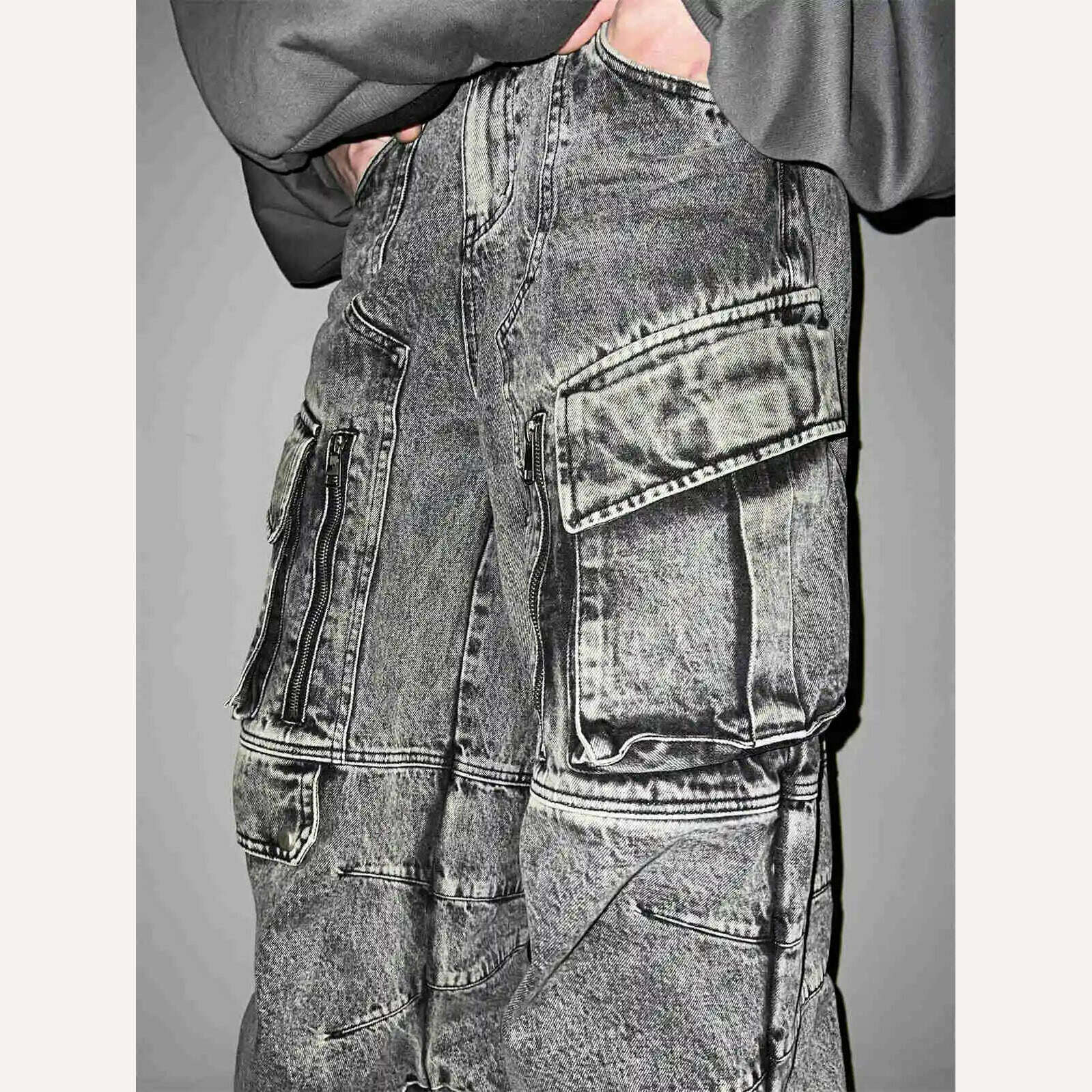 KIMLUD, IEFB Niche Design Vintage Men's Overalls Multi-pocket Jeans Zipper High Waist Solid Color Personalized Male Denim Pants 9A7703, KIMLUD Womens Clothes