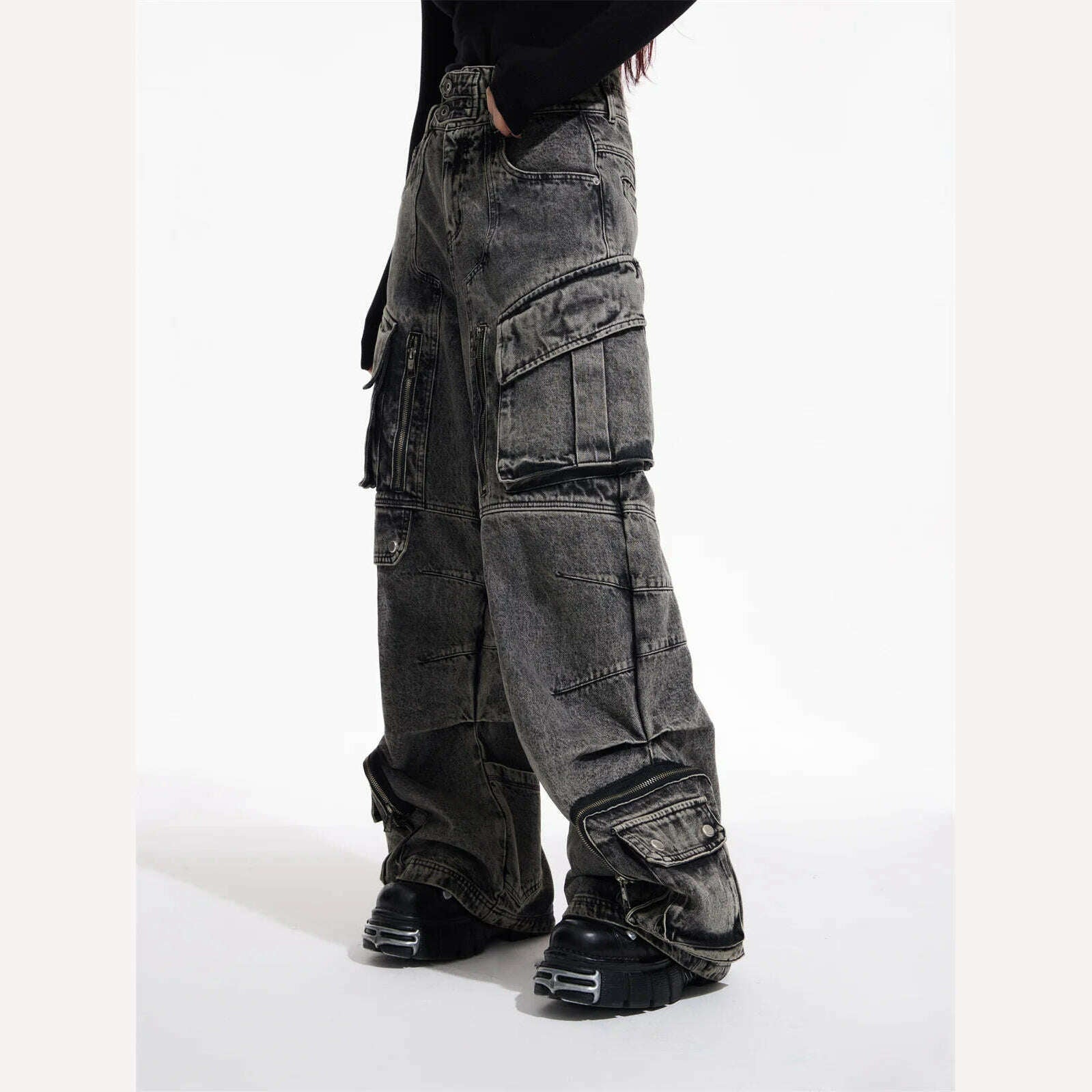 KIMLUD, IEFB Niche Design Vintage Men's Overalls Multi-pocket Jeans Zipper High Waist Solid Color Personalized Male Denim Pants 9A7703, KIMLUD Womens Clothes