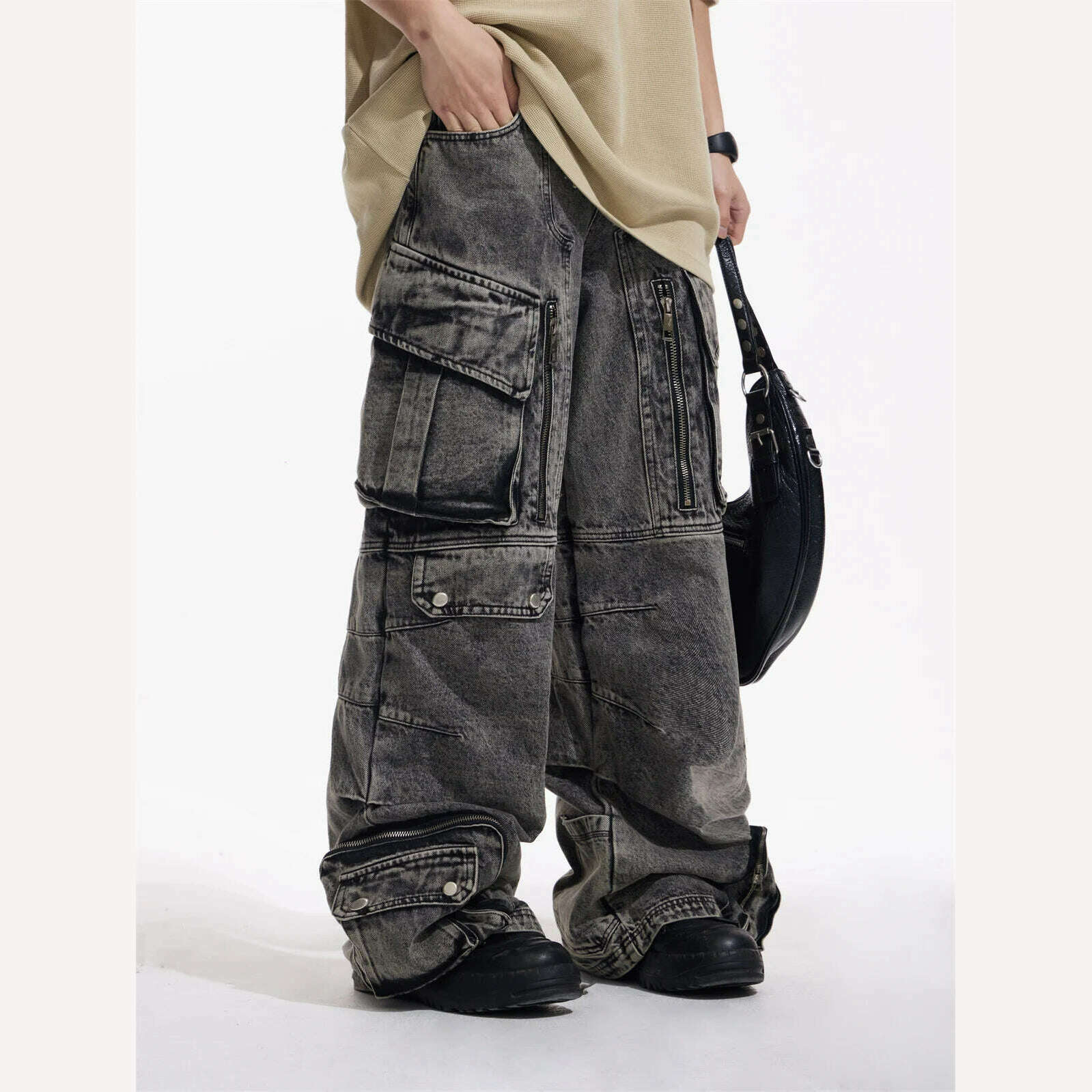 KIMLUD, IEFB Niche Design Vintage Men's Overalls Multi-pocket Jeans Zipper High Waist Solid Color Personalized Male Denim Pants 9A7703, KIMLUD Womens Clothes