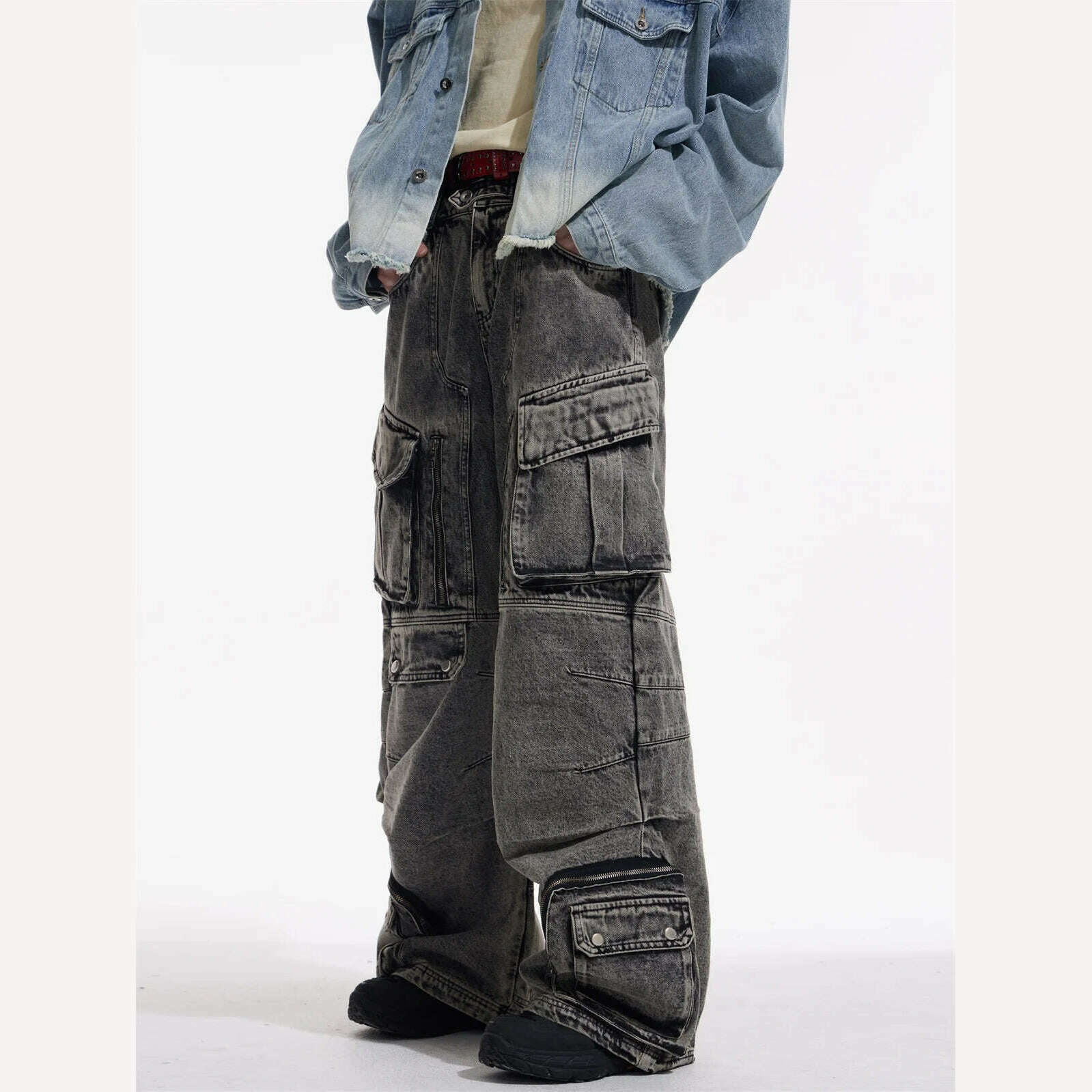 KIMLUD, IEFB Niche Design Vintage Men's Overalls Multi-pocket Jeans Zipper High Waist Solid Color Personalized Male Denim Pants 9A7703, KIMLUD Womens Clothes
