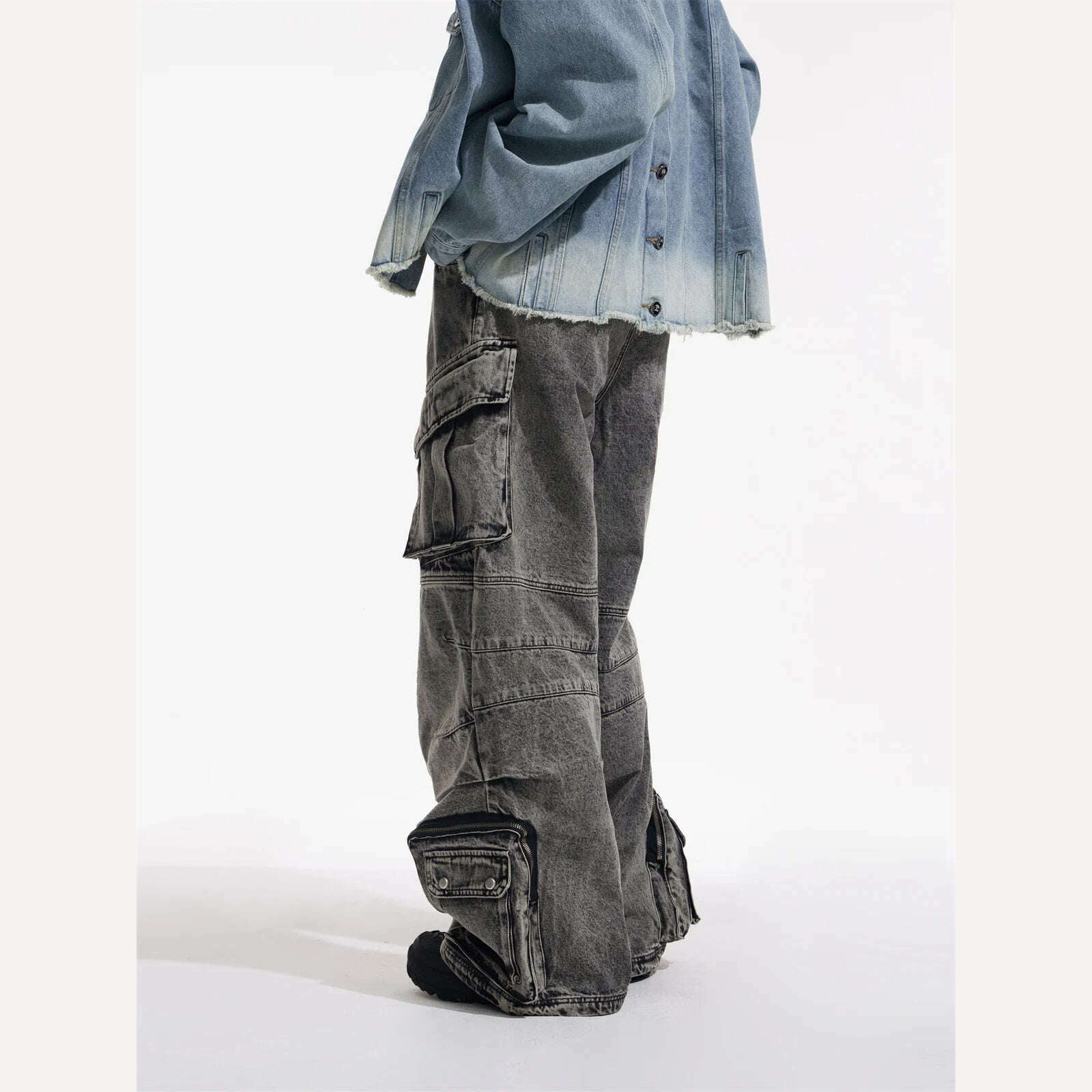 KIMLUD, IEFB Niche Design Vintage Men's Overalls Multi-pocket Jeans Zipper High Waist Solid Color Personalized Male Denim Pants 9A7703, KIMLUD Womens Clothes