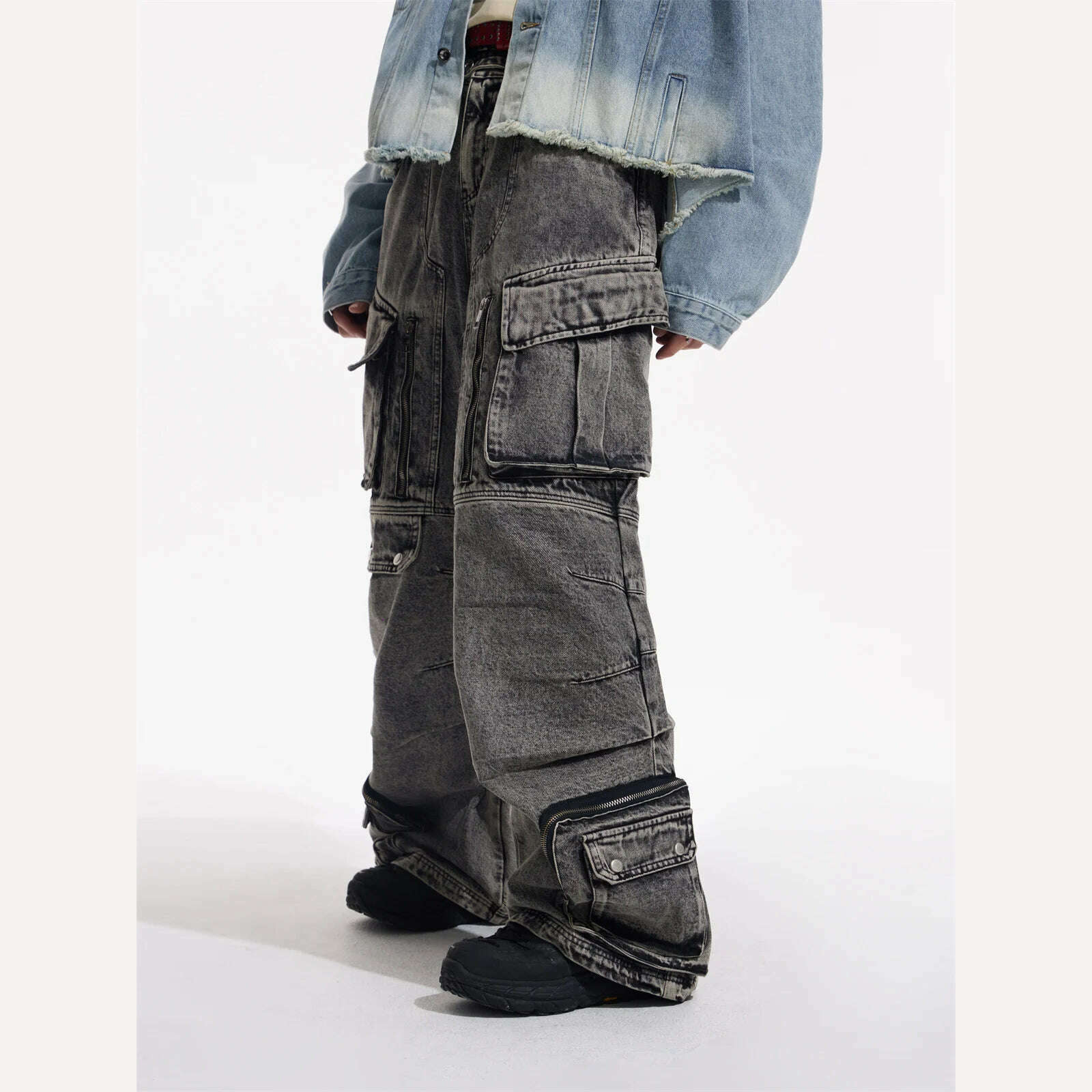 KIMLUD, IEFB Niche Design Vintage Men's Overalls Multi-pocket Jeans Zipper High Waist Solid Color Personalized Male Denim Pants 9A7703, KIMLUD Womens Clothes