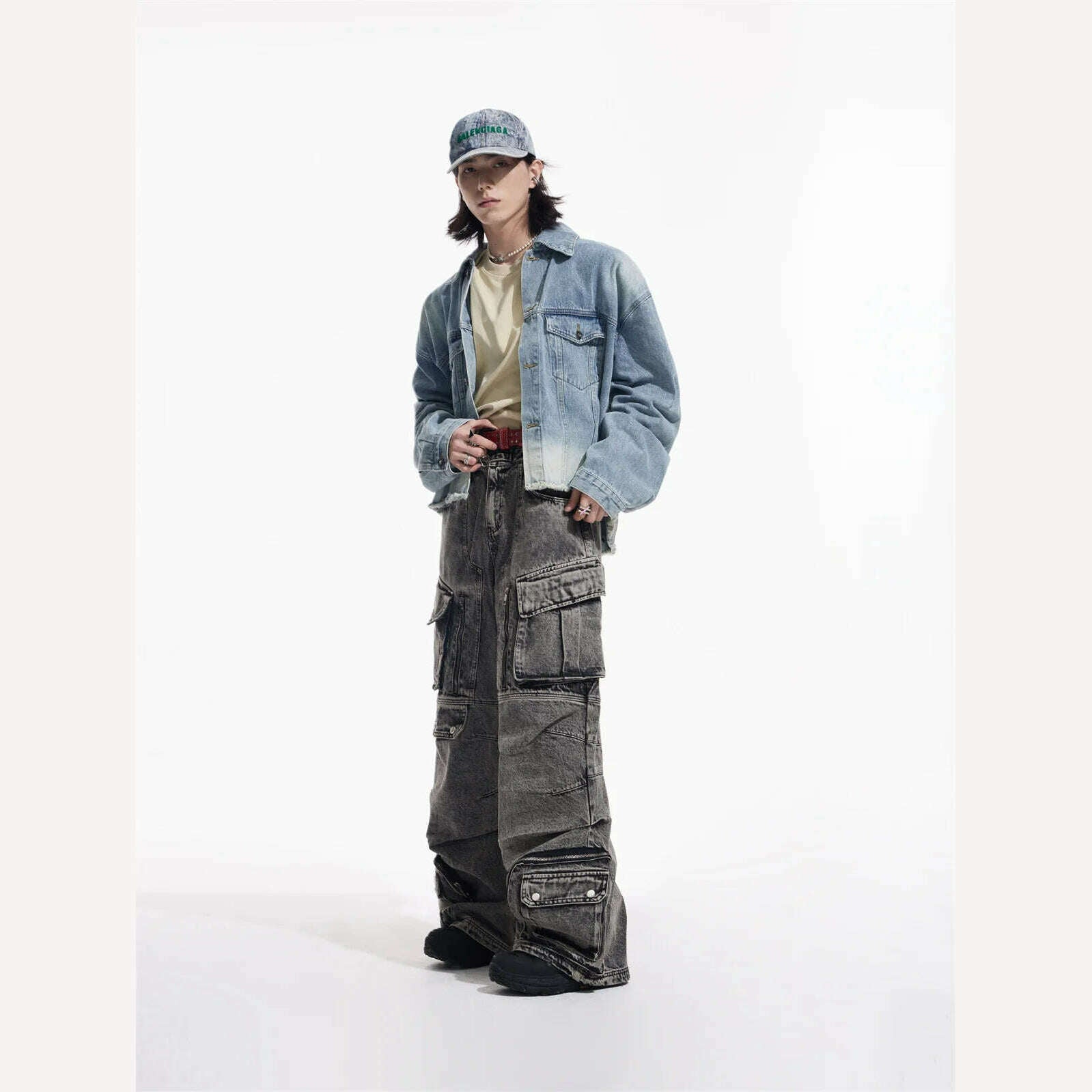 KIMLUD, IEFB Niche Design Vintage Men's Overalls Multi-pocket Jeans Zipper High Waist Solid Color Personalized Male Denim Pants 9A7703, KIMLUD Womens Clothes