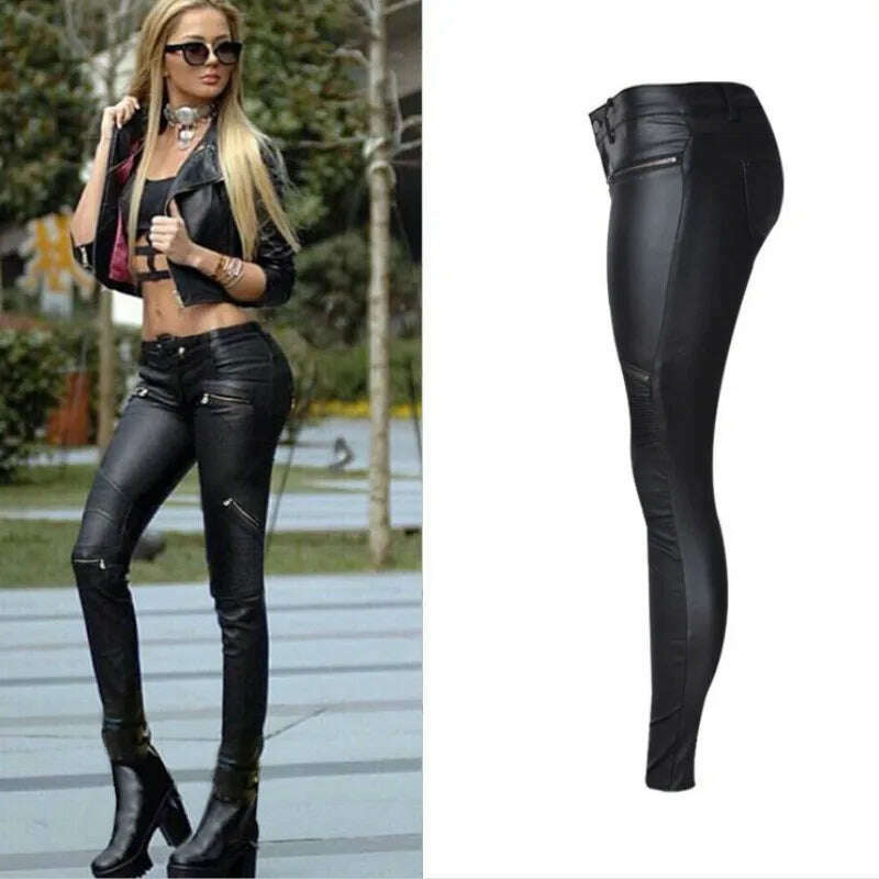 KIMLUD, Imitation Leather Jeans Girls Pants Women Zippers Low Waist Elastic Skinny Pencil Pants Punk Rock Slim Black Trousers Streetwear, KIMLUD Womens Clothes