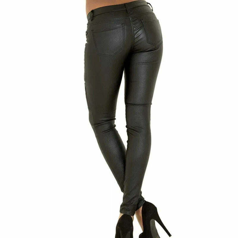 KIMLUD, Imitation Leather Jeans Girls Pants Women Zippers Low Waist Elastic Skinny Pencil Pants Punk Rock Slim Black Trousers Streetwear, KIMLUD Womens Clothes