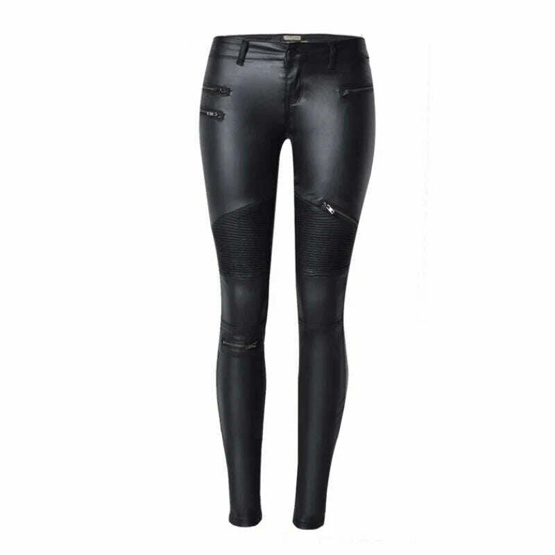KIMLUD, Imitation Leather Jeans Girls Pants Women Zippers Low Waist Elastic Skinny Pencil Pants Punk Rock Slim Black Trousers Streetwear, KIMLUD Womens Clothes