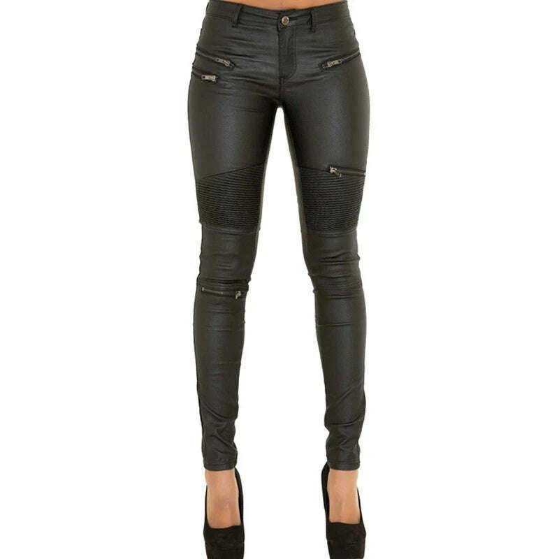 KIMLUD, Imitation Leather Jeans Girls Pants Women Zippers Low Waist Elastic Skinny Pencil Pants Punk Rock Slim Black Trousers Streetwear, KIMLUD Womens Clothes