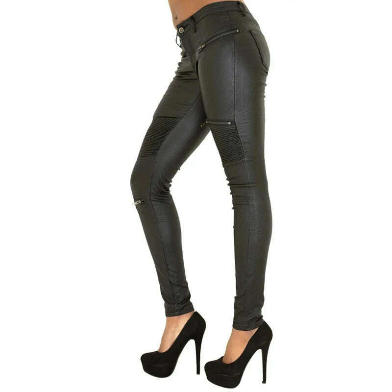 KIMLUD, Imitation Leather Jeans Girls Pants Women Zippers Low Waist Elastic Skinny Pencil Pants Punk Rock Slim Black Trousers Streetwear, KIMLUD Womens Clothes