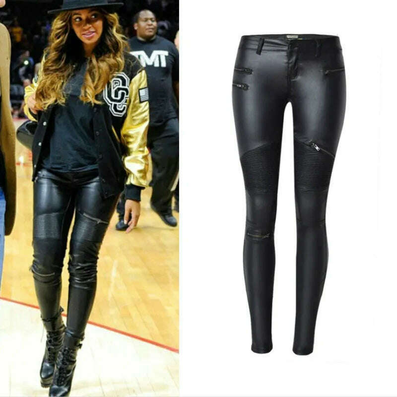 KIMLUD, Imitation Leather Jeans Girls Pants Women Zippers Low Waist Elastic Skinny Pencil Pants Punk Rock Slim Black Trousers Streetwear, KIMLUD Womens Clothes