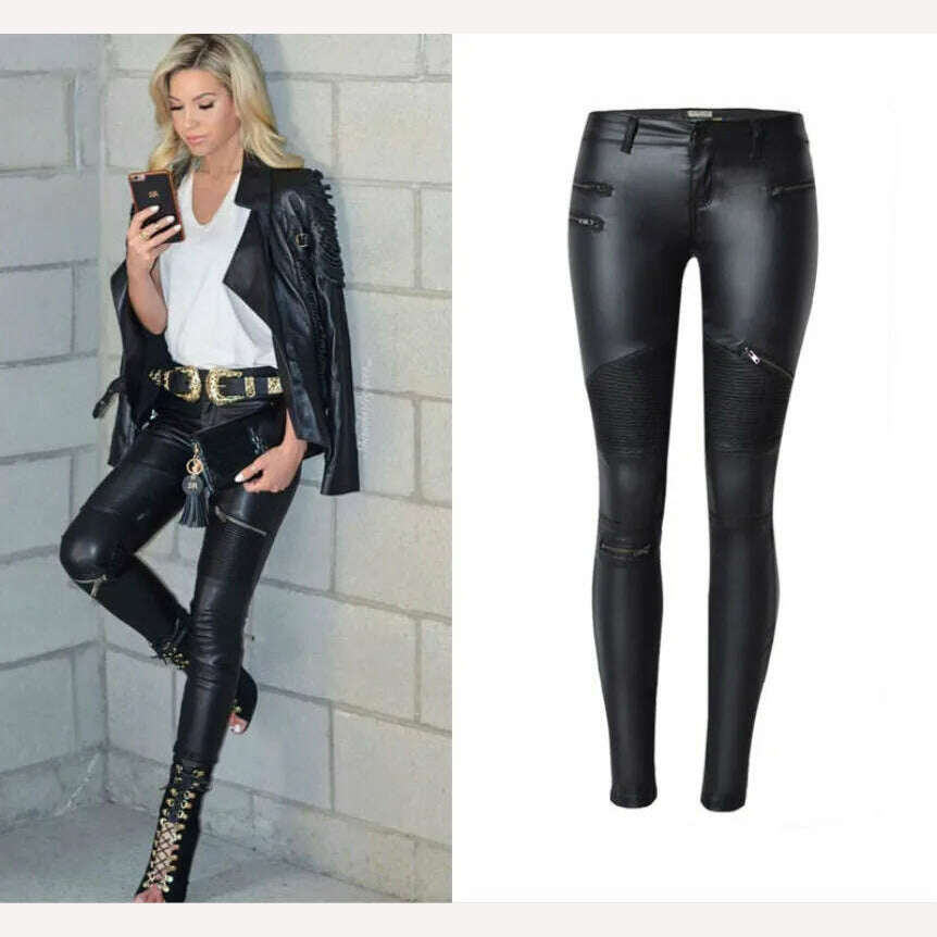 KIMLUD, Imitation Leather Jeans Girls Pants Women Zippers Low Waist Elastic Skinny Pencil Pants Punk Rock Slim Black Trousers Streetwear, KIMLUD Womens Clothes