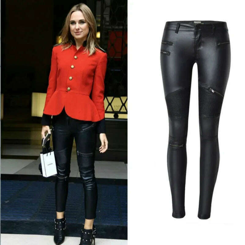 KIMLUD, Imitation Leather Jeans Girls Pants Women Zippers Low Waist Elastic Skinny Pencil Pants Punk Rock Slim Black Trousers Streetwear, KIMLUD Womens Clothes