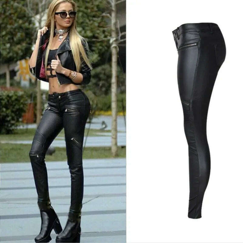 KIMLUD, Imitation Leather Jeans Girls Pants Women Zippers Low Waist Elastic Skinny Pencil Pants Punk Rock Slim Black Trousers Streetwear, KIMLUD Womens Clothes