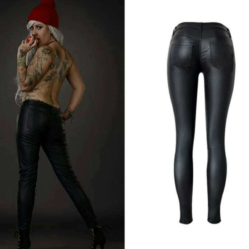 KIMLUD, Imitation Leather Jeans Girls Pants Women Zippers Low Waist Elastic Skinny Pencil Pants Punk Rock Slim Black Trousers Streetwear, KIMLUD Womens Clothes