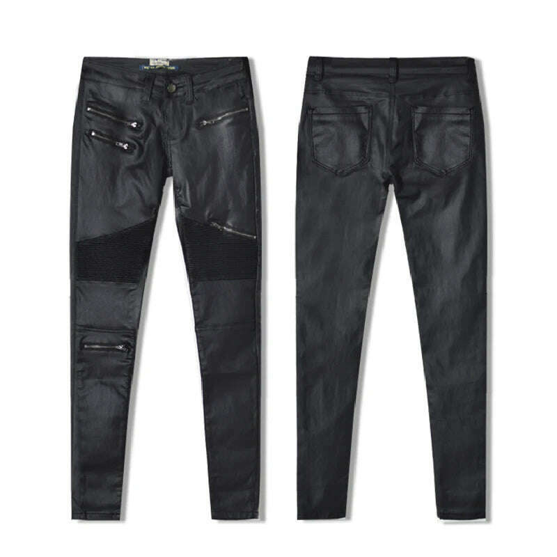 KIMLUD, Imitation Leather Jeans Girls Pants Women Zippers Low Waist Elastic Skinny Pencil Pants Punk Rock Slim Black Trousers Streetwear, KIMLUD Womens Clothes