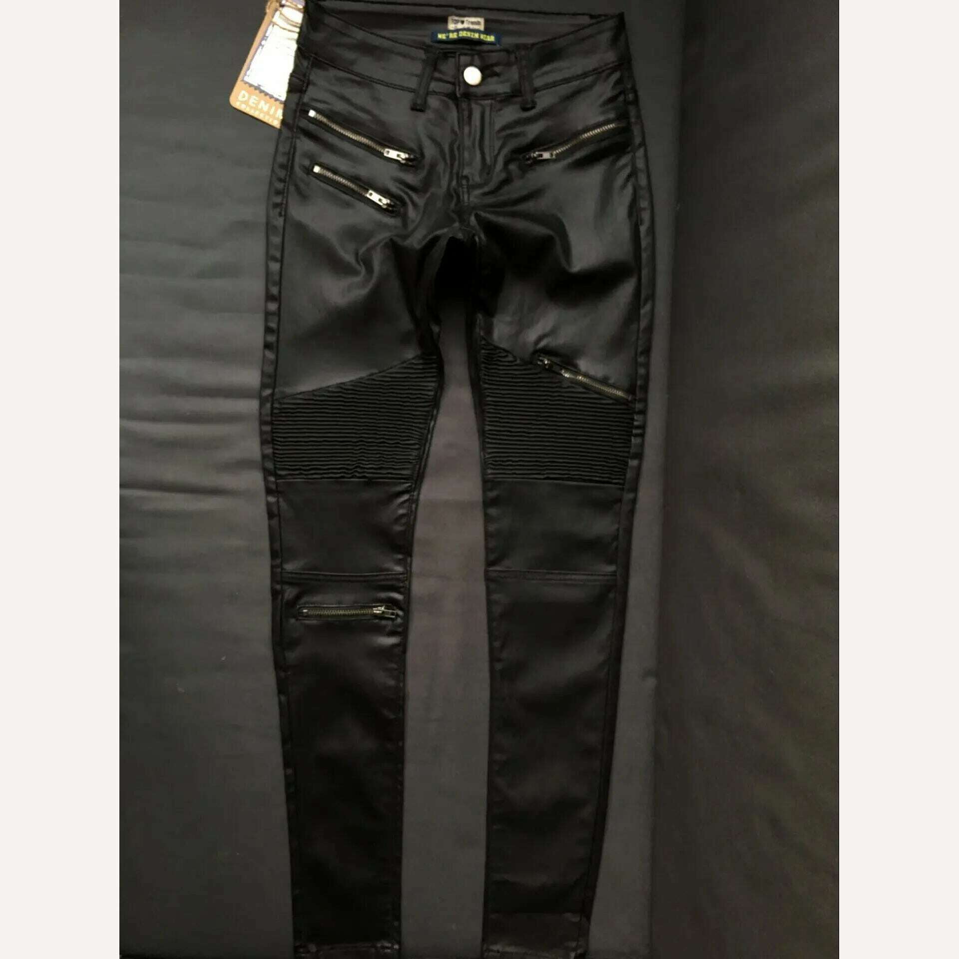 KIMLUD, Imitation Leather Jeans Girls Pants Women Zippers Low Waist Elastic Skinny Pencil Pants Punk Rock Slim Black Trousers Streetwear, KIMLUD Womens Clothes