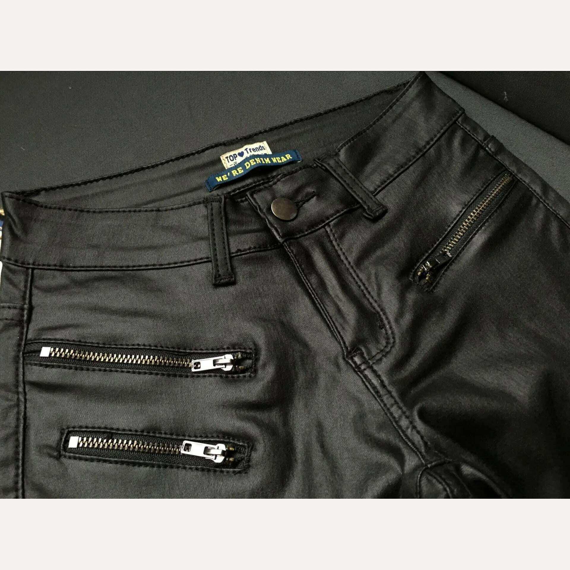 KIMLUD, Imitation Leather Jeans Girls Pants Women Zippers Low Waist Elastic Skinny Pencil Pants Punk Rock Slim Black Trousers Streetwear, KIMLUD Womens Clothes